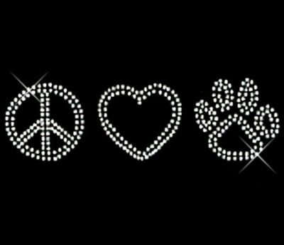 Sparkling "Peace, Heart, Paw" 8.75" X 2.5" Rhinestone Applique Iron-On