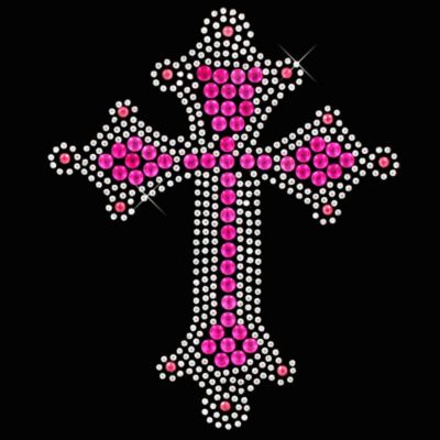 Pink & Silver Cross 3.75" X 4.5" Rhinestone Applique Iron-On #14205