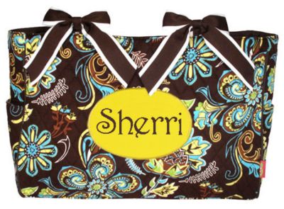 Quilted Paisley Flower Diaper Bag with Brown Trim #PRY2424-BROWN