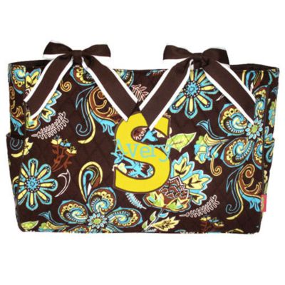 Quilted Paisley Flower Diaper Bag with Brown Trim #PRY2424-BROWN