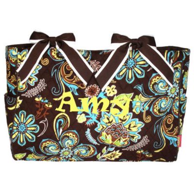 Quilted Paisley Flower Diaper Bag with Brown Trim #PRY2424-BROWN