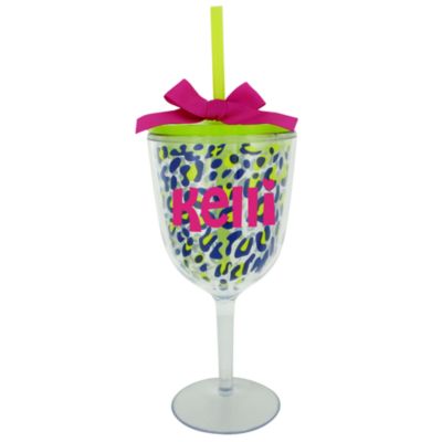 Blue Cheetah 13 oz. Double Wall Wine Glass with Straw #F125971